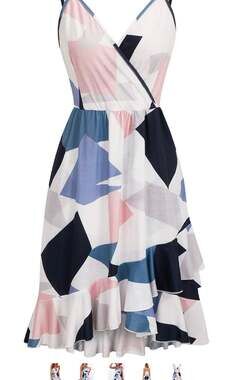 Women's Geometric Abstract Print Wrap V-Neck Ruffle Hem Sleeveless Midi Dress